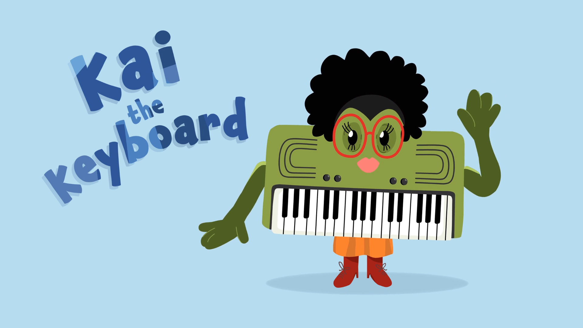 Character shaped like a keyboard with green body, afro hair, red glasses, and boots named Kai the Keyboard.