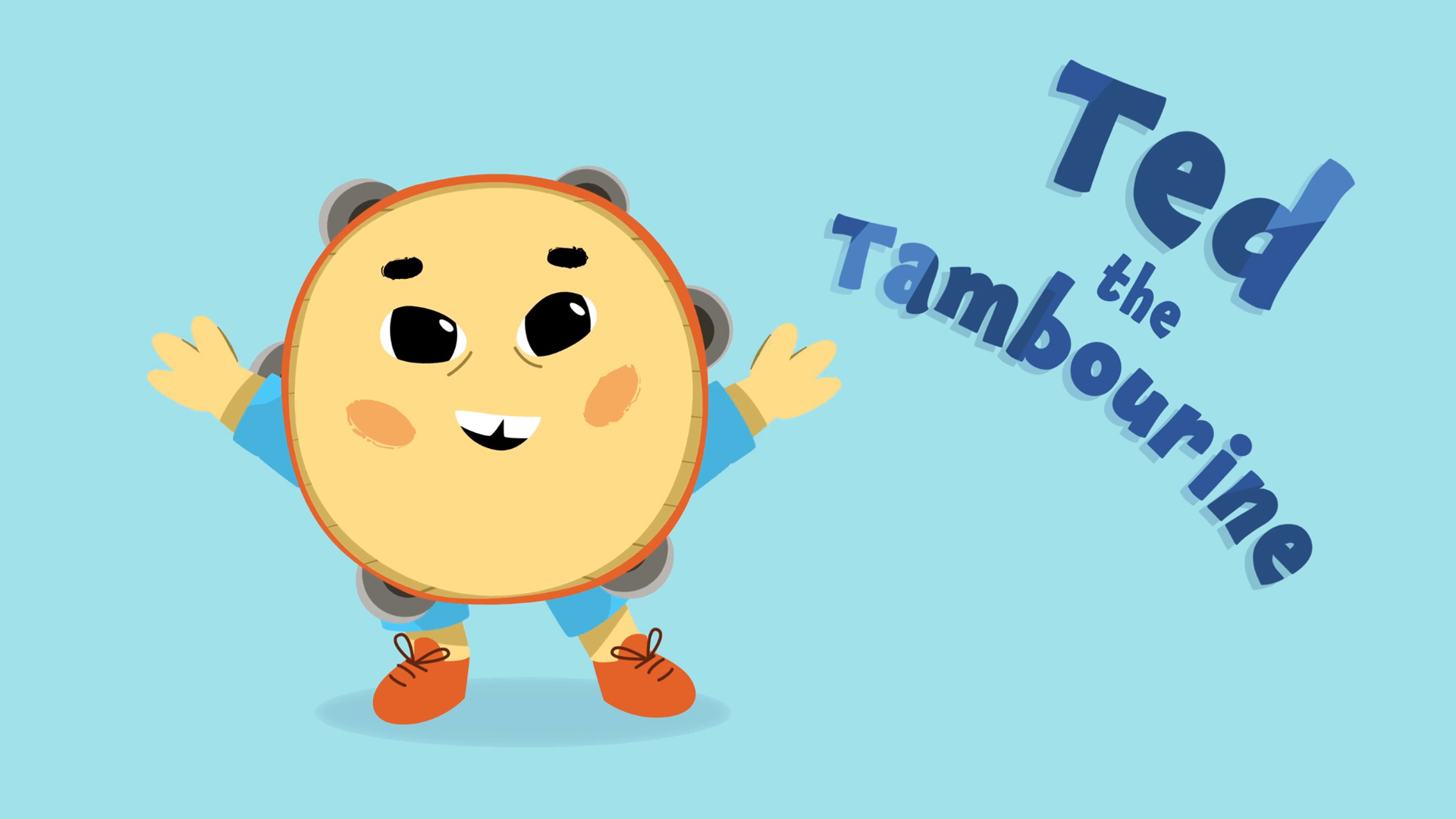 An Illustration of Yellow tambourine character with orange shoes and a happy face waving under the name Ted the Tambourine.