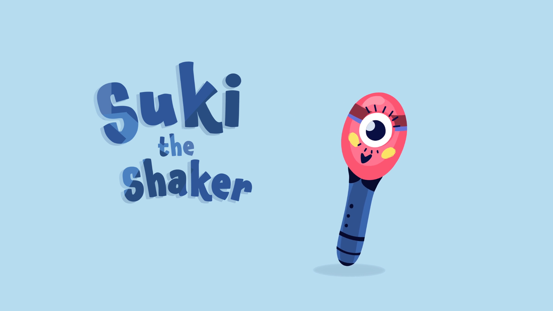Pink maraca with one eye and rosy cheeks, smiling under the name Suki the Shaker.