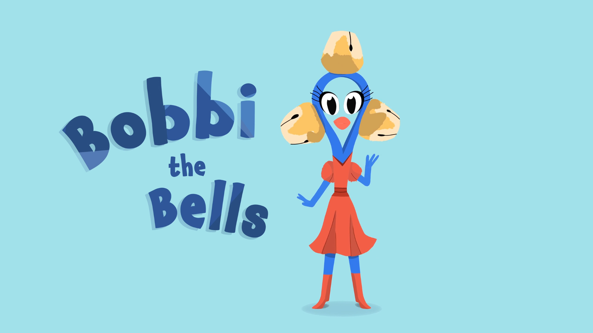 Blue character with jingle bells for hair and a red dress, waving beside text saying Bobbi the Bells.