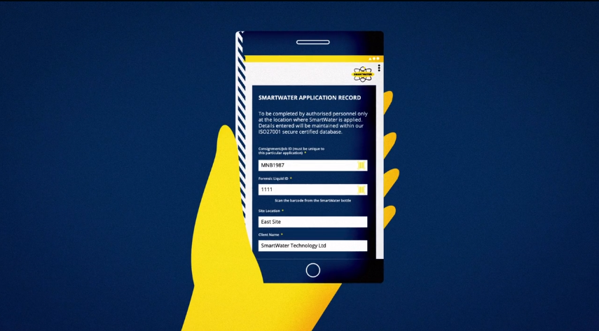Illustration of a yellow hand holding a smartphone displaying a SmartWater application record form used for secure crime prevention data entry.