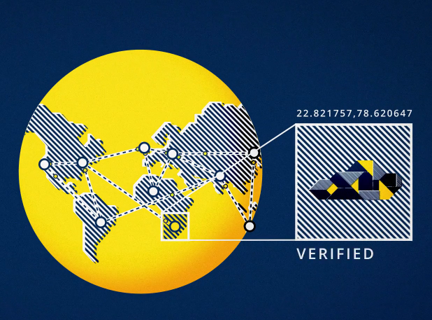 Illustration of a connected world map with pinpointed locations, showing GPS coordinates and a “Verified” label, symbolizing global tracking and authentication using SmartWater technology.