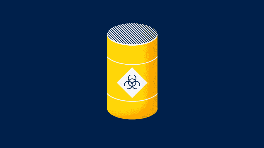 Illustration of a yellow barrel with a biohazard symbol on a dark blue background, representing hazardous or chemical materials.