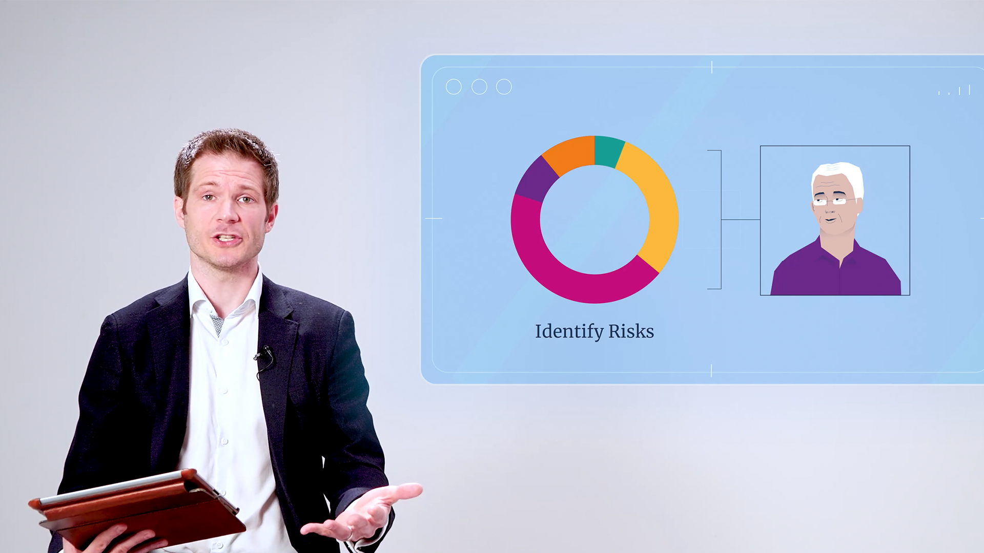Man in a suit presenting with a tablet beside a digital graphic showing a pie chart and illustration labeled 