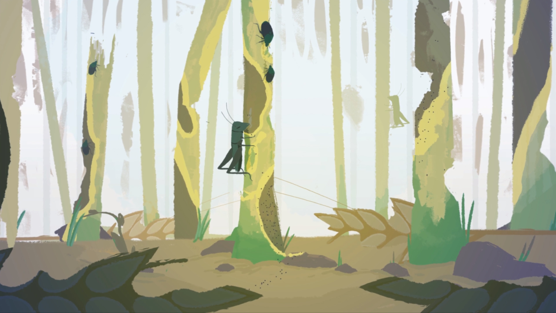 Illustration of grasshoppers and beetles damaging tree trunks in a forest, highlighting the impact of pests on plant health in a natural ecosystem.