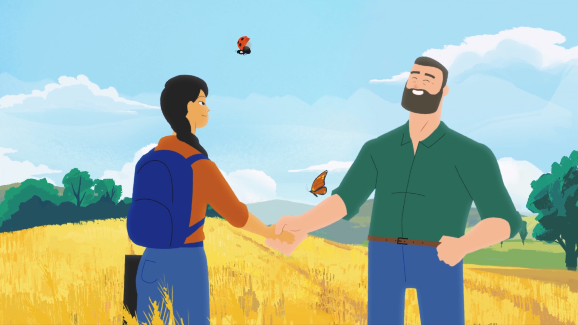 Two people shaking hands in a sunny wheat field, surrounded by butterflies and a ladybird, symbolizing collaboration and harmony with nature.