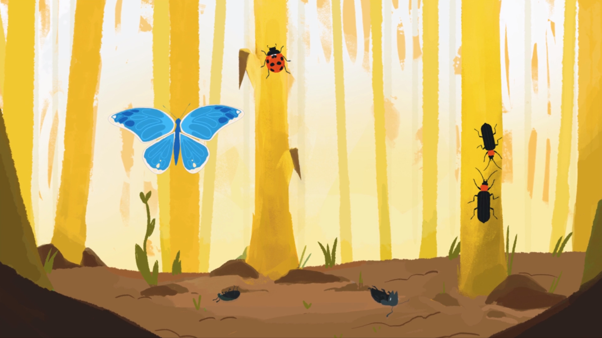 Illustrated woodland scene with a blue butterfly, ladybird, and beetles among golden tree trunks and forest floor, depicting a thriving insect ecosystem.