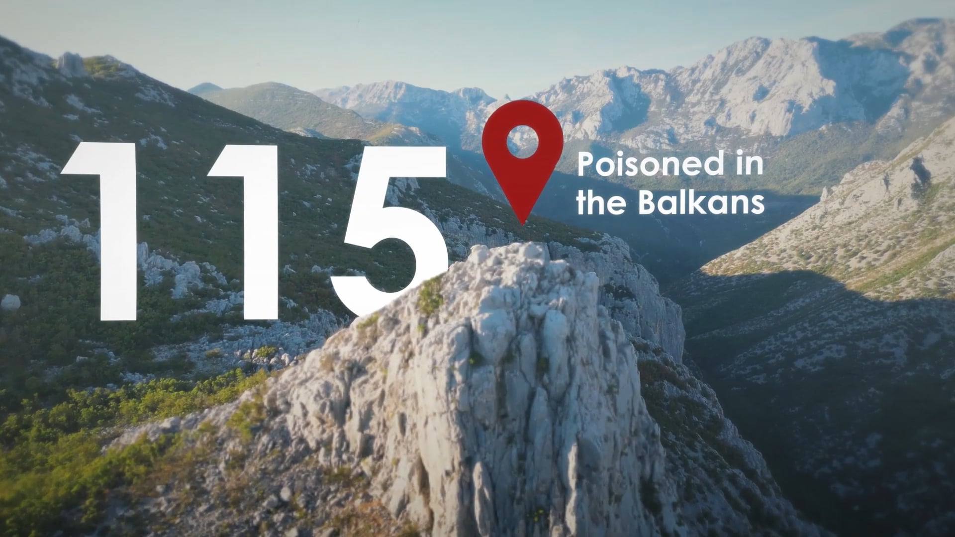 An illustration of mountainous Balkan terrain with the number 115 in bold white text and a red location marker next to the words “Poisoned in the Balkans.”