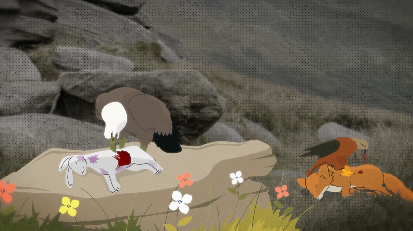 An illustration of a griffon vulture feeding on a rabbit with a bloodied side while another bird of prey feeds on a dead fox; both animals show signs of poisoning, and flowers surround the rocky area.