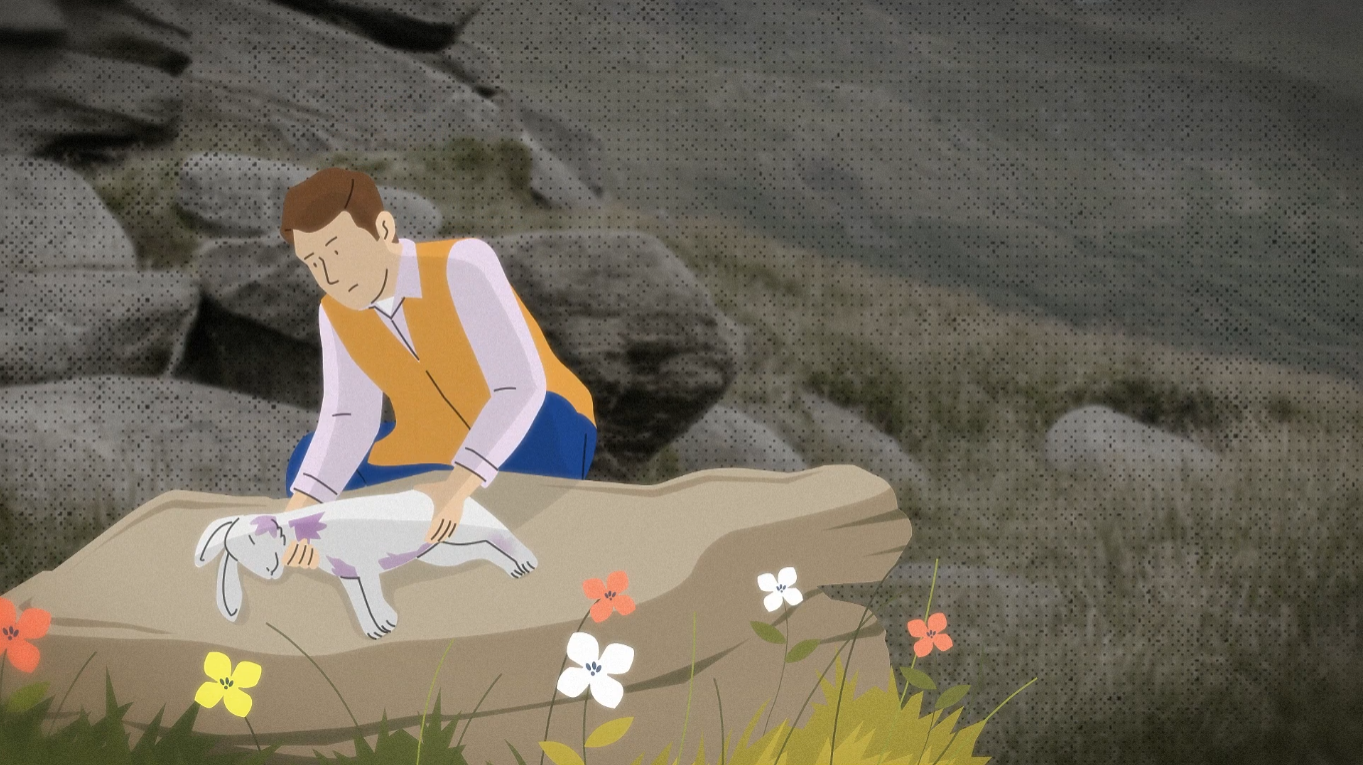 An illustration of a man kneeling beside a dead lamb on a rock, inspecting the animal with concern, surrounded by colourful meadow flowers and a mountainous background.