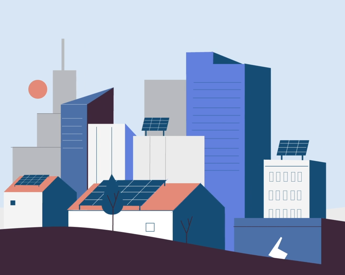Illustration of a modern cityscape with solar panels on rooftops, highlighting sustainable urban development and renewable energy use in residential and commercial buildings.