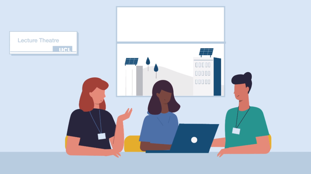 Three students having a discussion around a laptop in a UCL lecture theatre, with solar-paneled buildings visible through the window in the background.