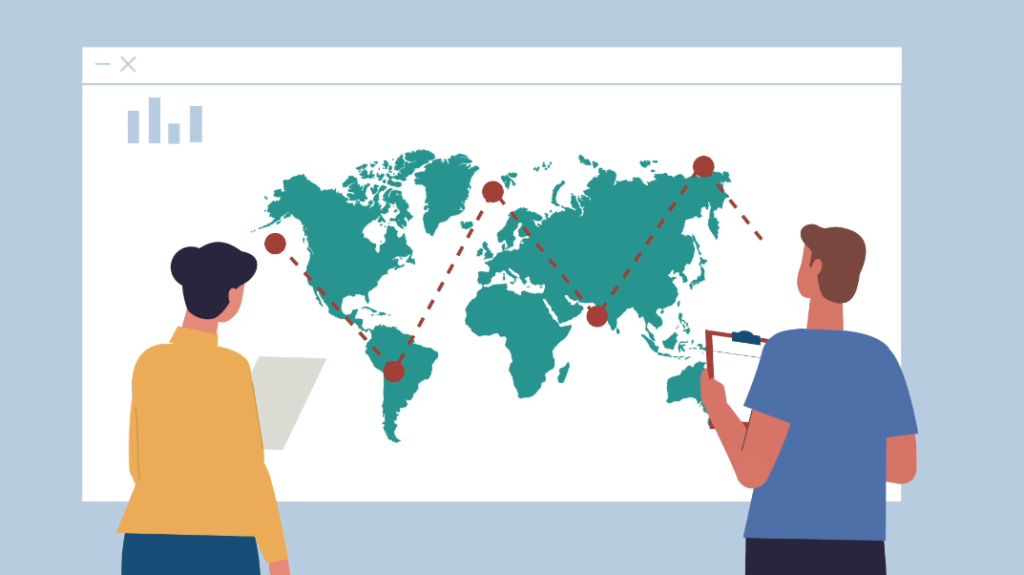 Illustration of two people analyzing a world map with connected red dots, representing global data, research, or energy network analysis in an academic or professional setting.