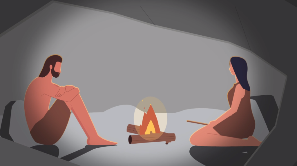 Illustration of a man and woman sitting around a campfire inside a cave, evoking early human life, warmth, and storytelling in a prehistoric setting.