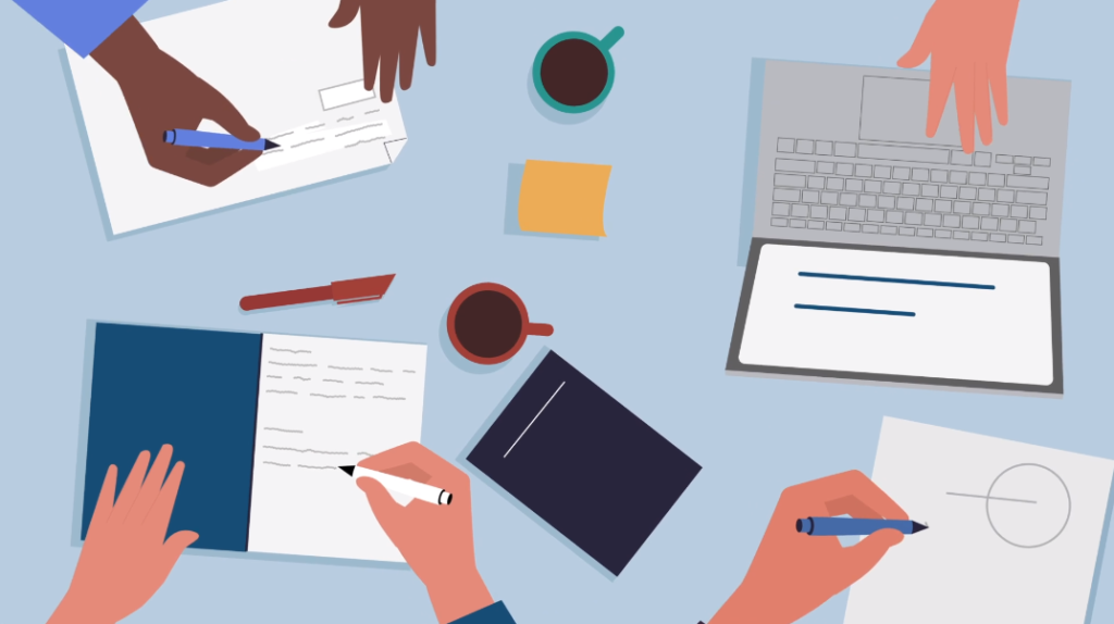 Illustration of a collaborative meeting with diverse hands writing in notebooks, using a laptop, and sharing coffee, symbolizing teamwork, brainstorming, and productivity in a professional setting.