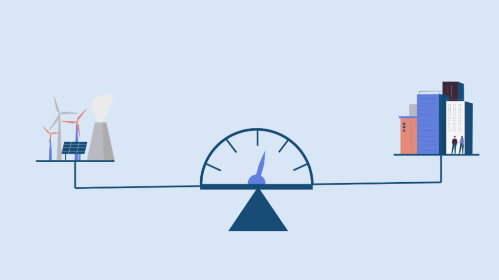 Illustration of a balance scale weighing renewable energy sources against urban infrastructure, symbolizing the need to balance energy production and consumption for a sustainable future.