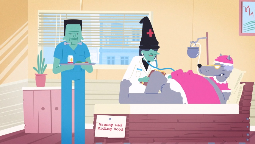 A doctor treats a patient dressed as Granny Red Riding Hood while a nurse delivers food in a hospital room.