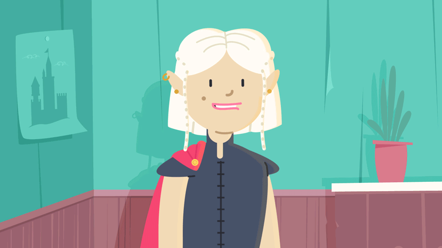 A smiling character dressed as a fantasy prince or noble stands indoors with long white hair and a red cape.
