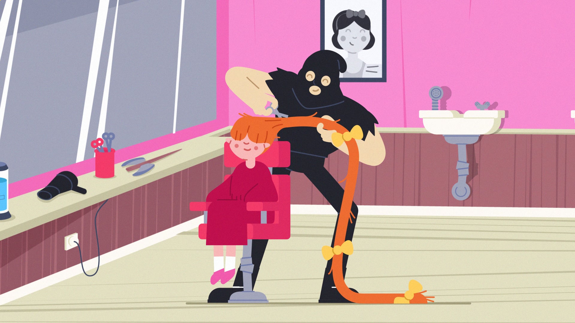 A masked man cuts a girl’s long orange hair into a ponytail in a bright pink hair salon.