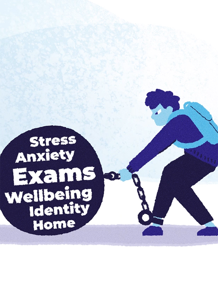 Charity animation still – student character pulling weighted ball labeled with stress, exams, and identity