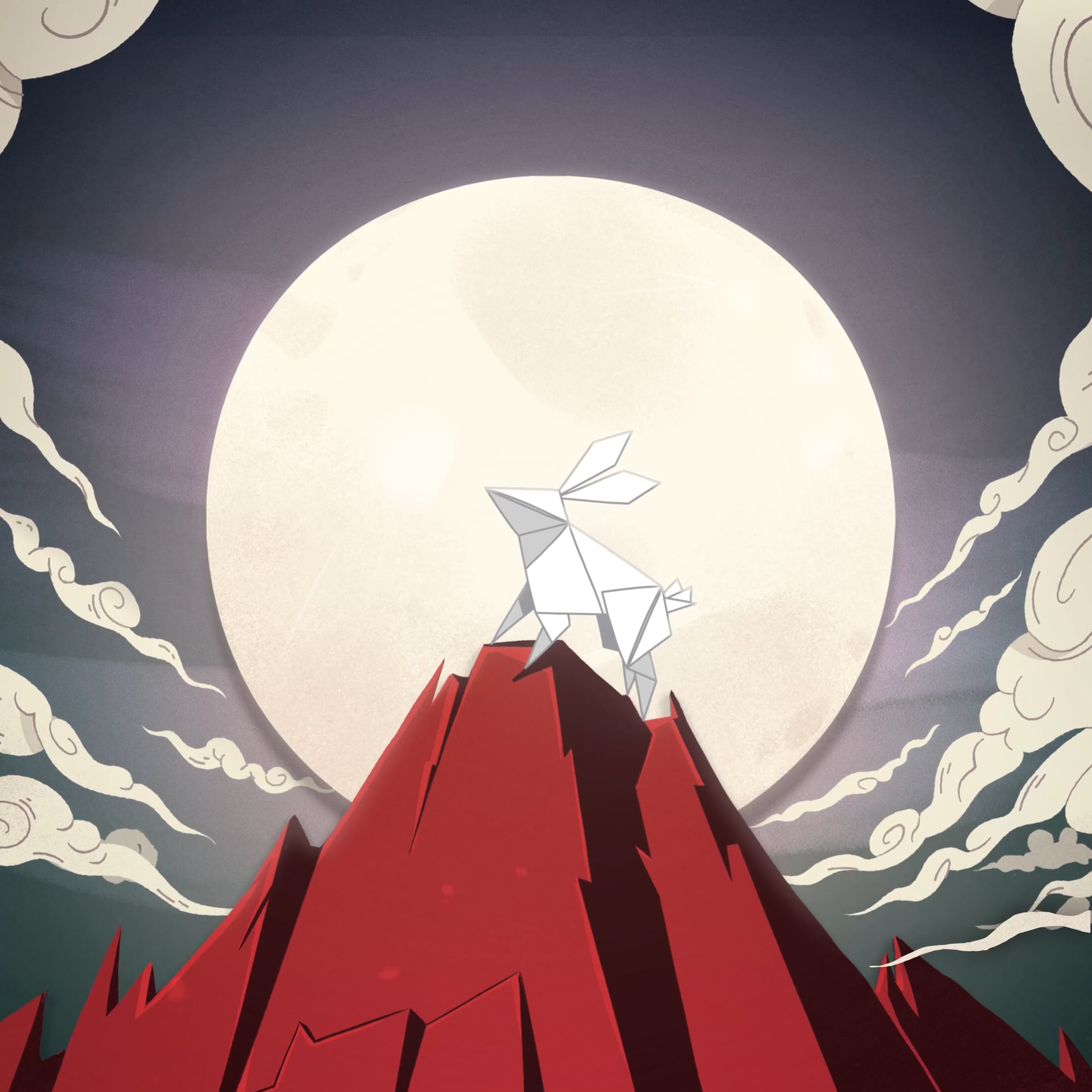 An Illustration of an origami rabbit on the top of a red mountain which is in front of a full moon. There are clouds surrounding the mountain.