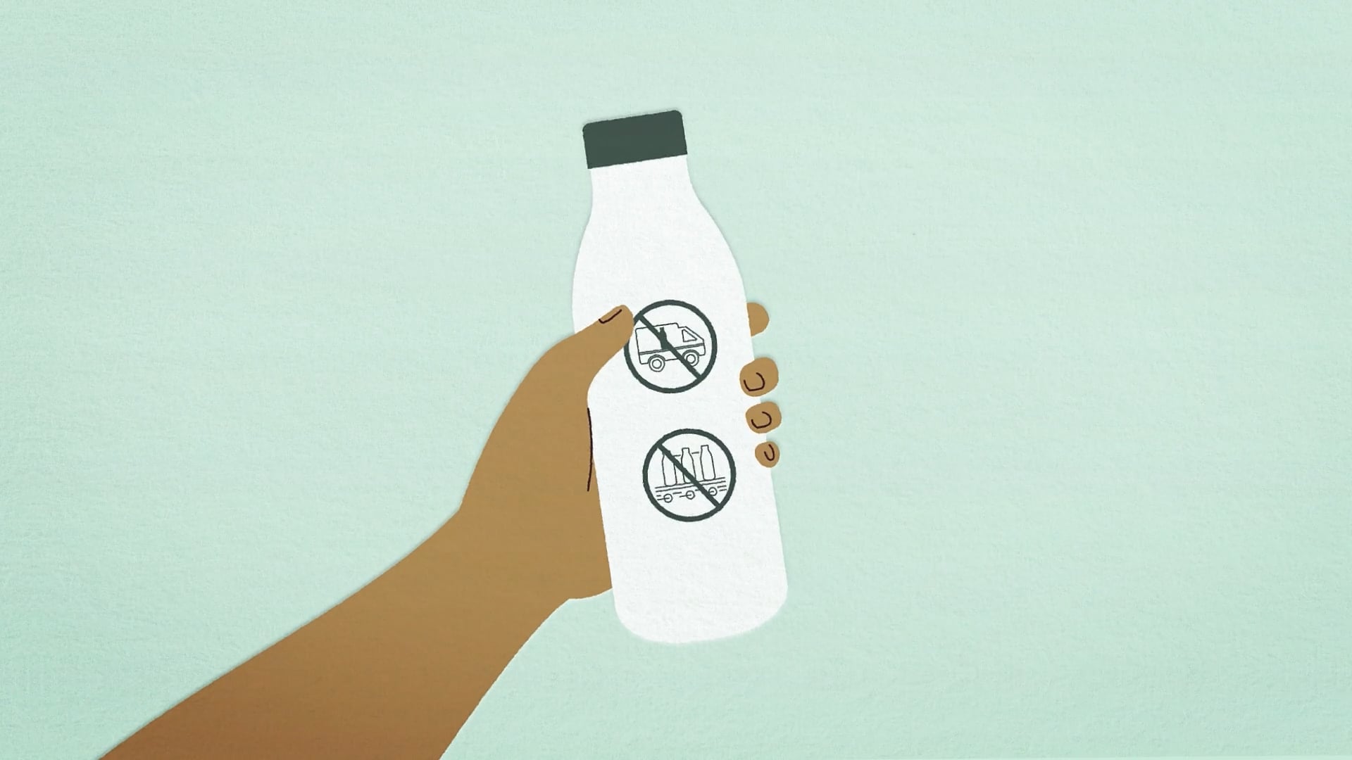A brown-skinned hand holds a white paper bottle with black cap. The bottle has two icons on it, one showing a banned garbage truck and the other banning traditional bottle production, indicating eco-friendliness and reduced waste.
