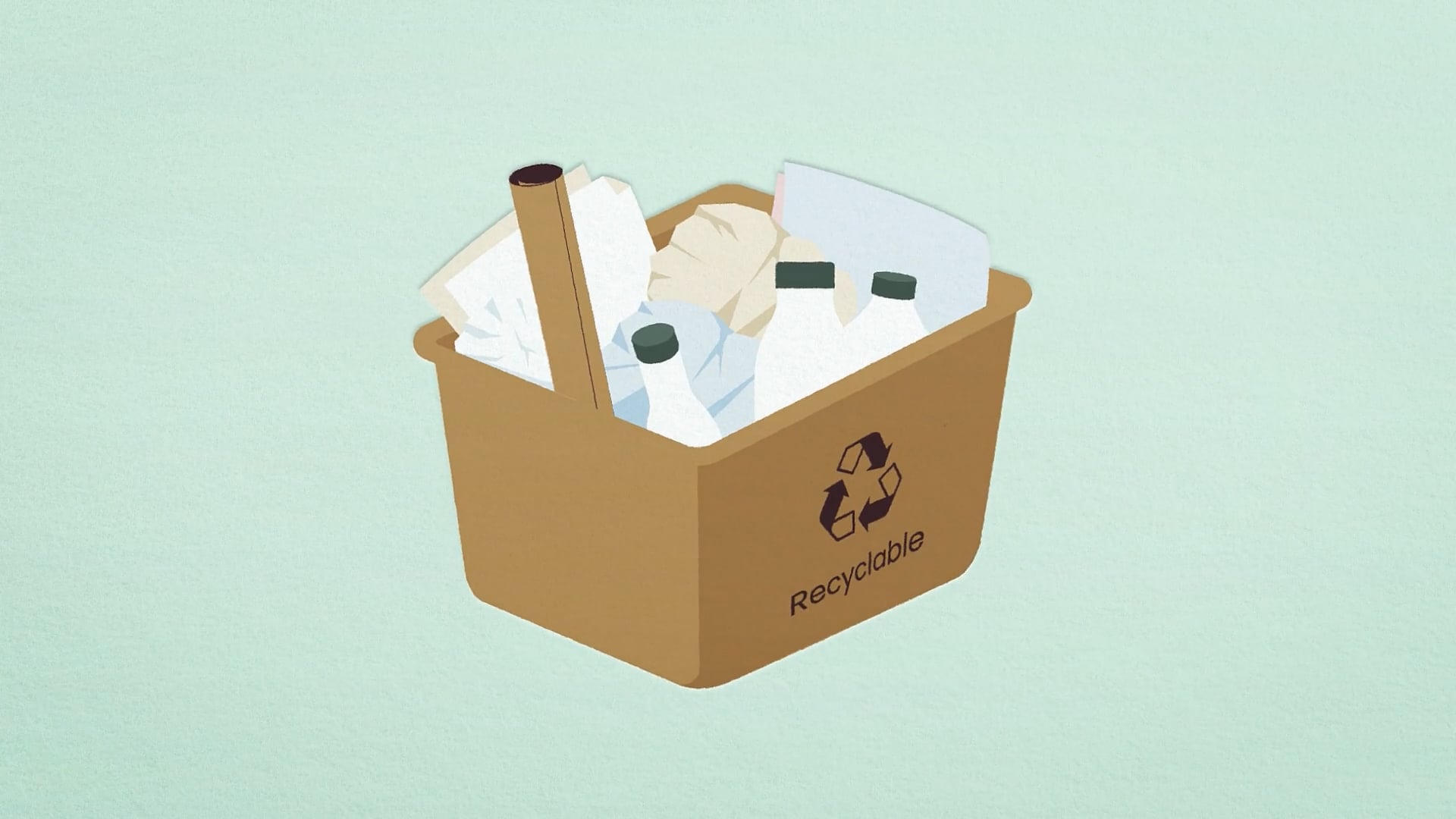 A brown recycling bin filled with paper waste, including Pulpex bottles and cardboard. The recycling symbol and the word “Recyclable” are printed on the bin, reinforcing its sustainable disposal.