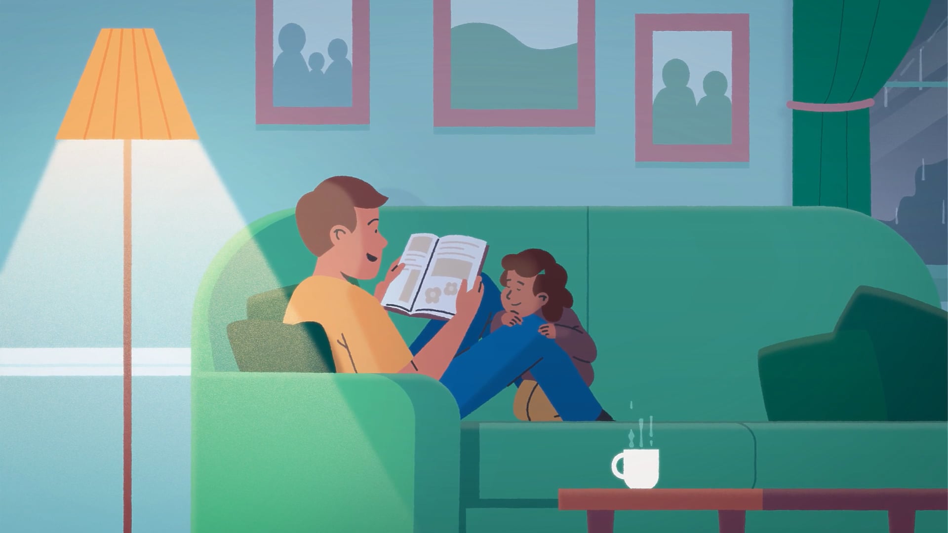 Father reading a bedtime story to daughter on the sofa, warm lighting highlighting a cosy family moment