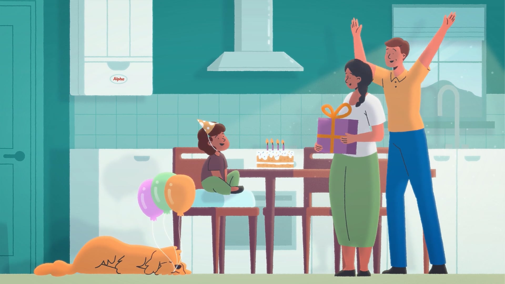 Family celebrating a child’s birthday in the kitchen, with Alpha boiler visible in the background and colourful balloons.