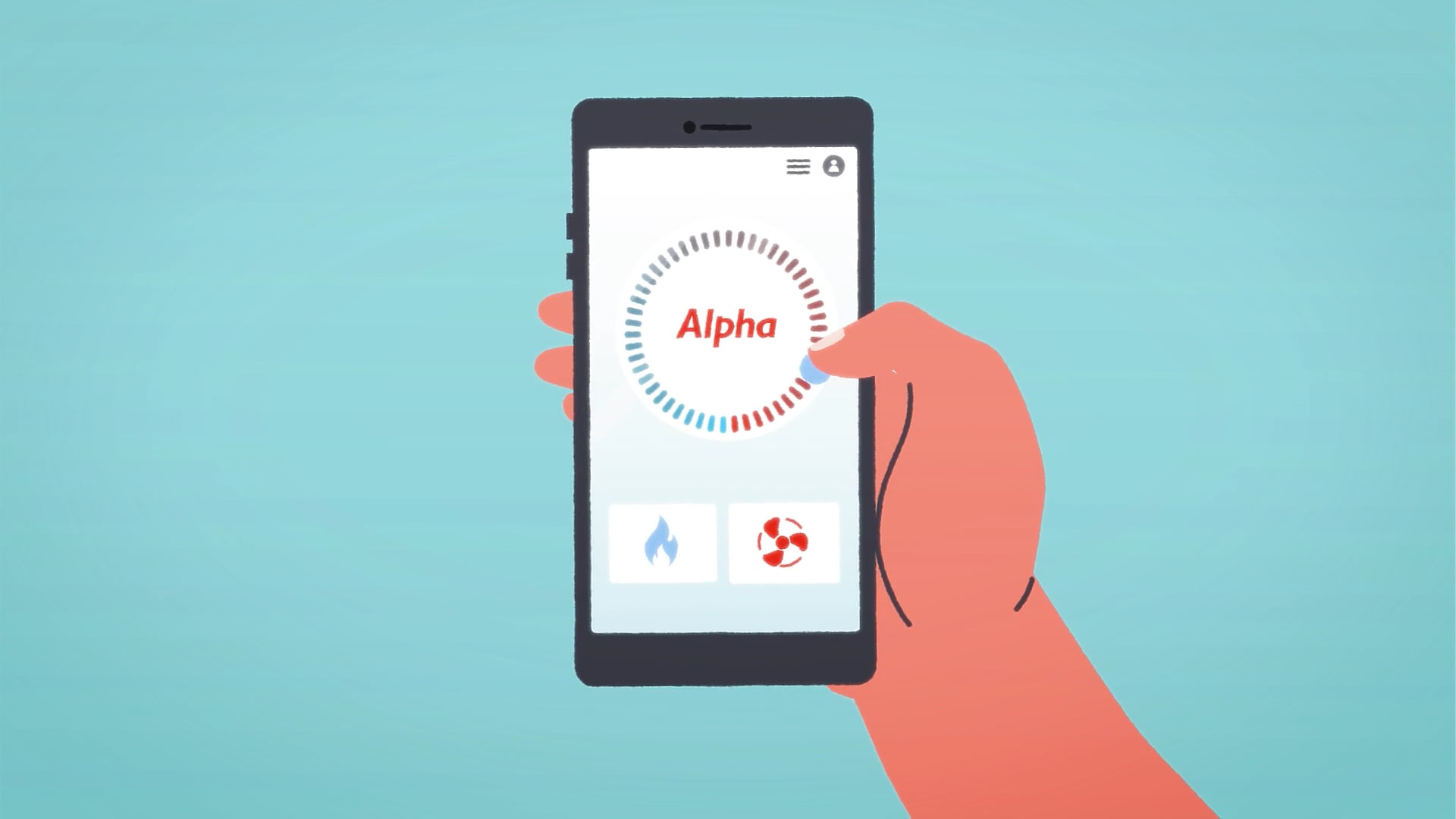 Illustrated hand holding a smartphone displaying the Alpha Boilers heating control app with temperature dial.