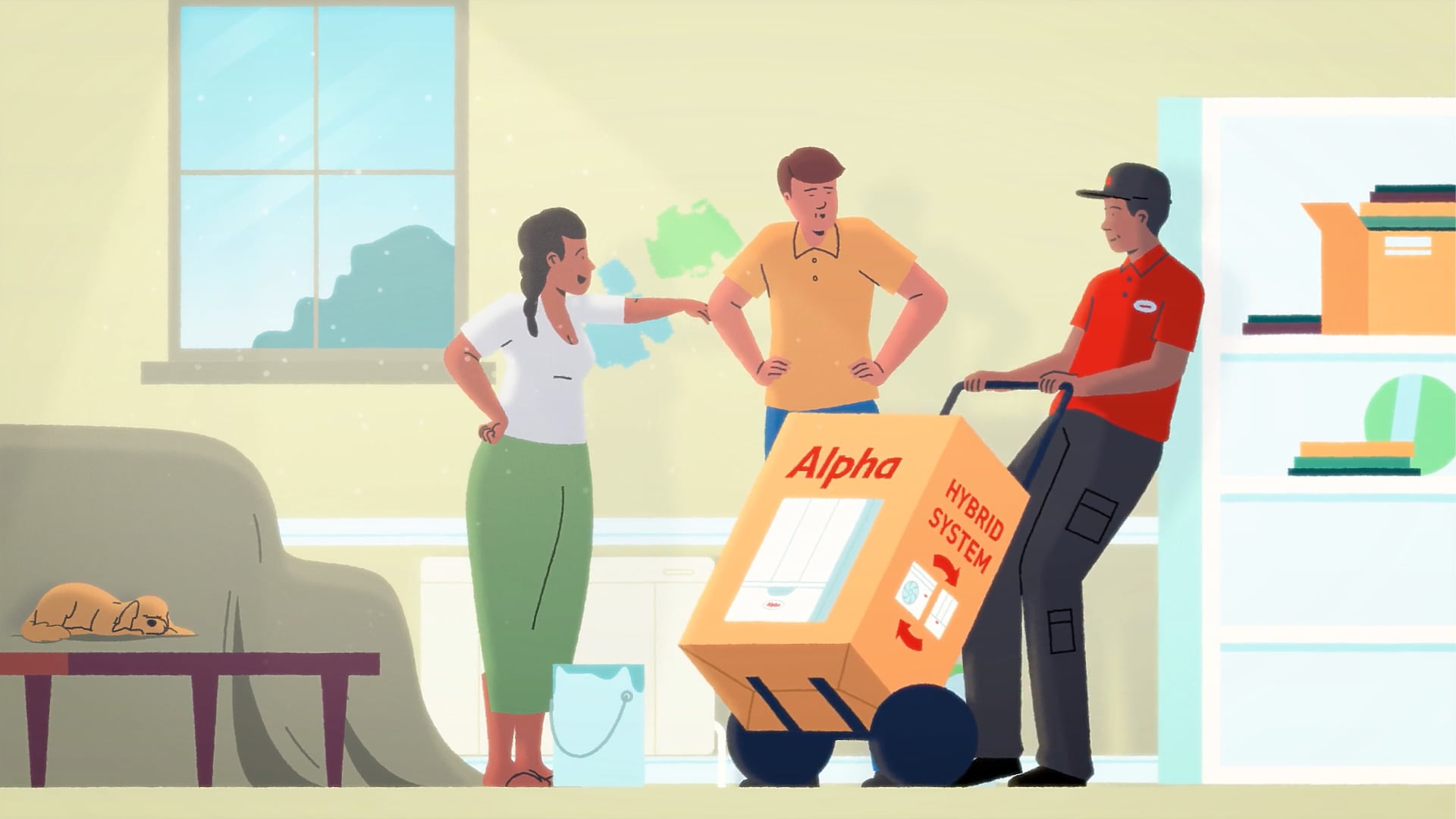 Cartoon couple receiving delivery of an Alpha hybrid boiler system from an installer in their new living room.