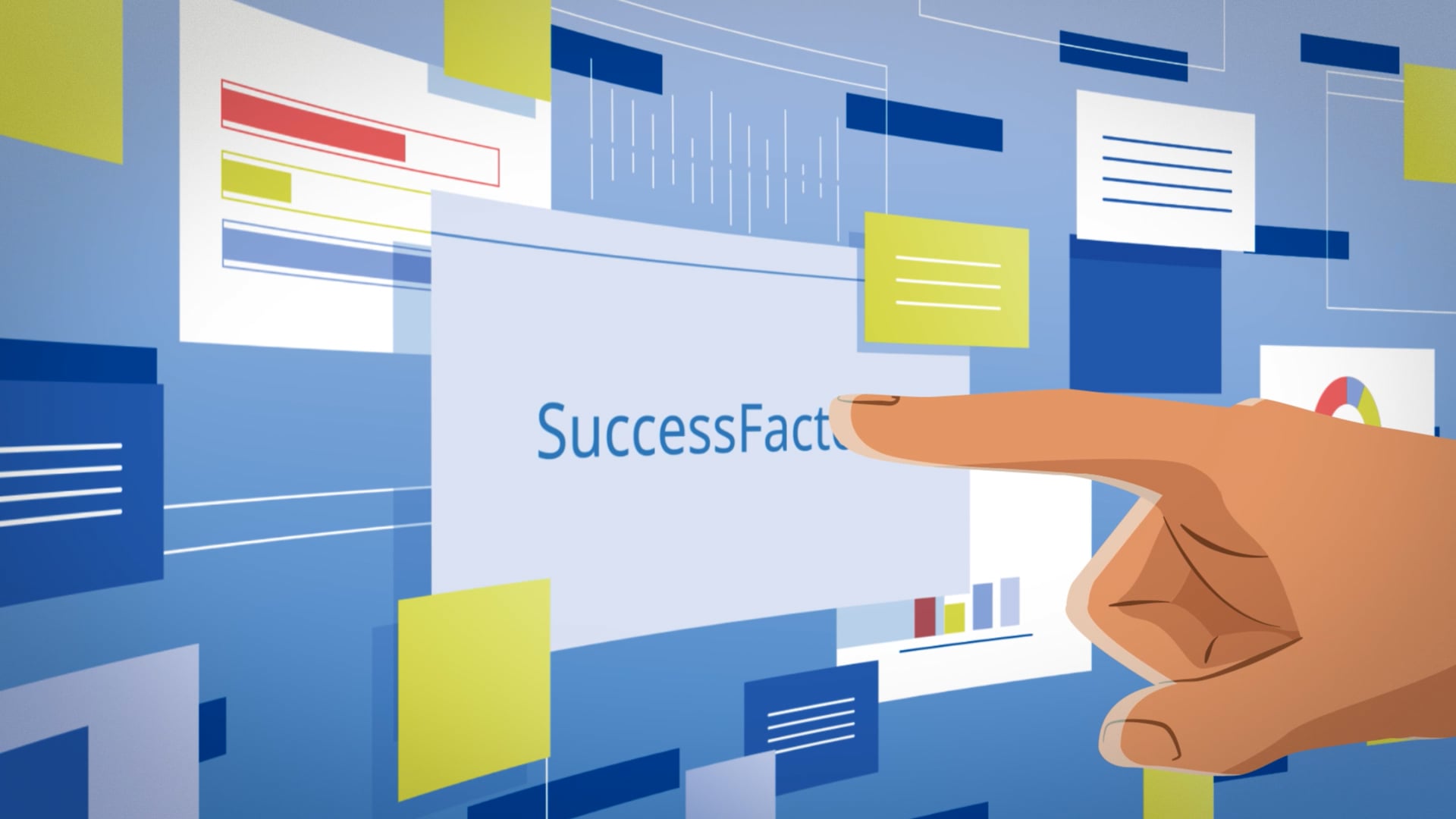 Illustrated hand pointing to a digital interface labeled ‘SuccessFactors’, surrounded by floating data charts and colourful UI elements.