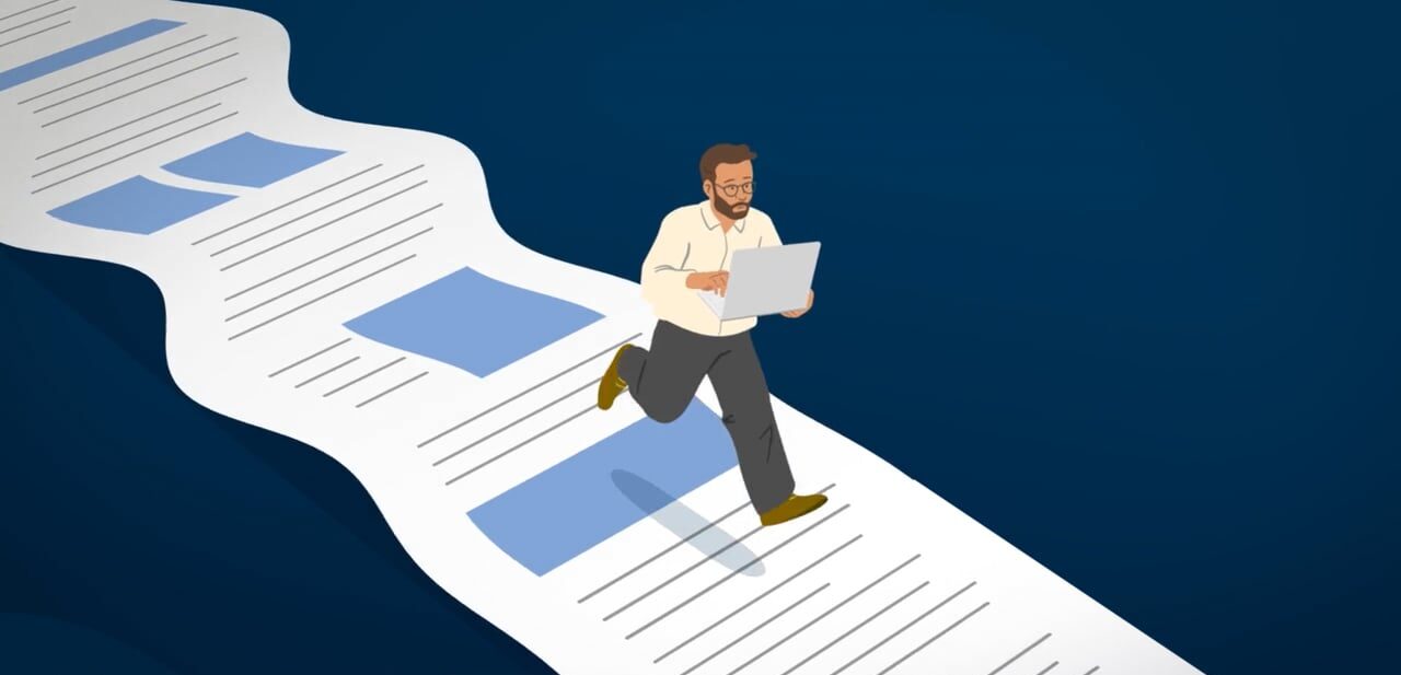 Animated character running on a long paper trail filled with documents, holding a laptop, representing the burden of administrative tasks.