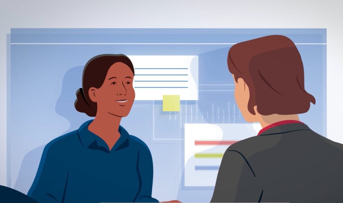 Two professional women engaged in conversation, with abstract digital charts and data elements in the background, symbolising performance discussions