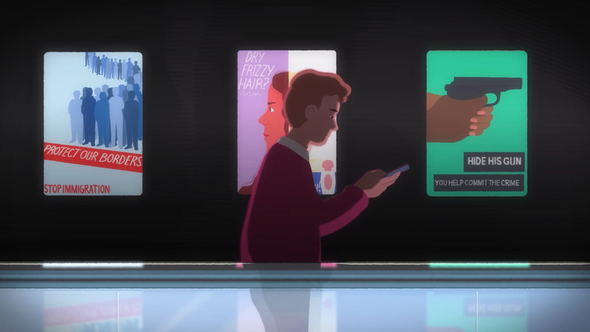 An illustration of man checking phone and is oblivious to sensitive and stereotypical adverts around him.