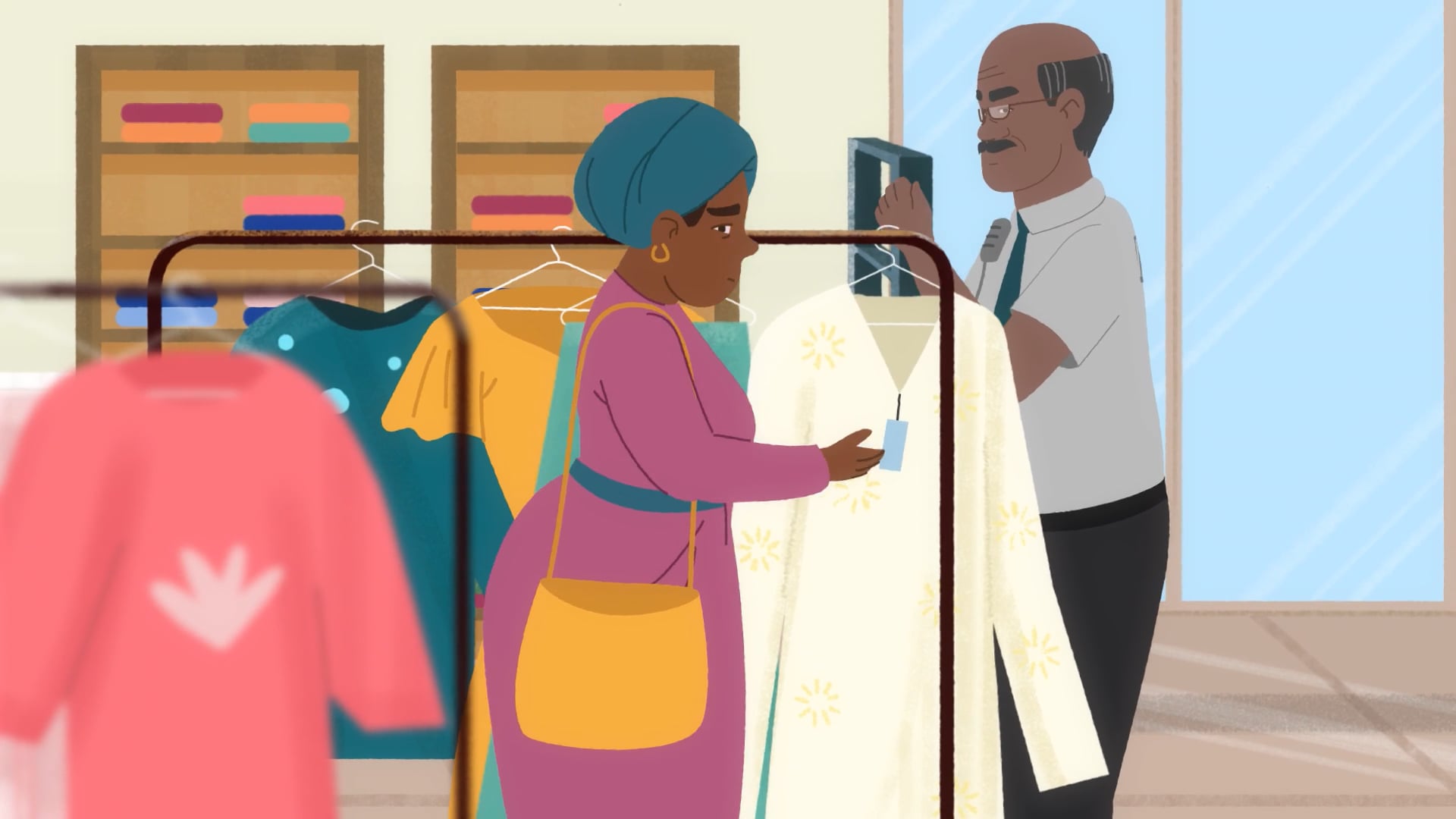 An illustration of woman walking through shopping area being judged and discriminated by security guard