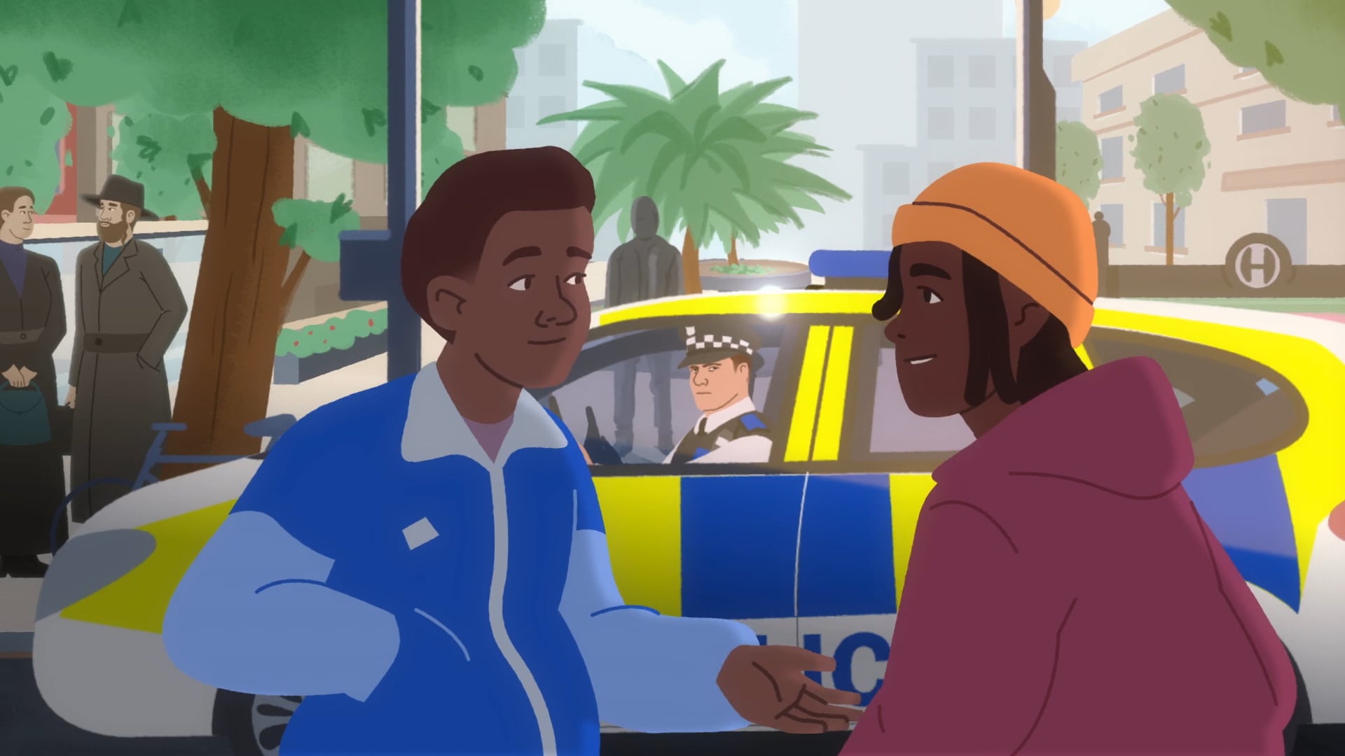 An illustration of two young boys innocently walking with a police officer closely watching, for an anti-racism campaign.