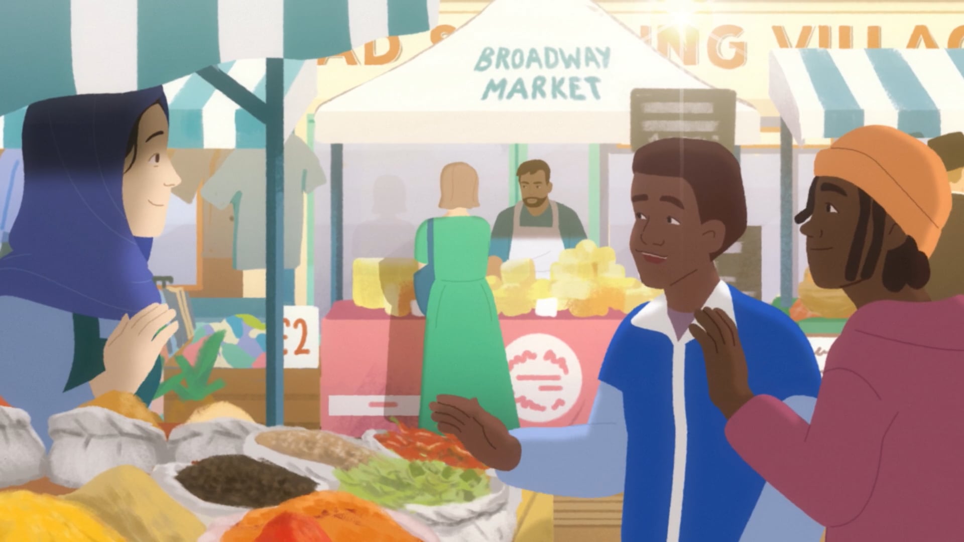 An illustration of two young boys talking to a shop assistant and waving kindly, for a anti-racism campaign.