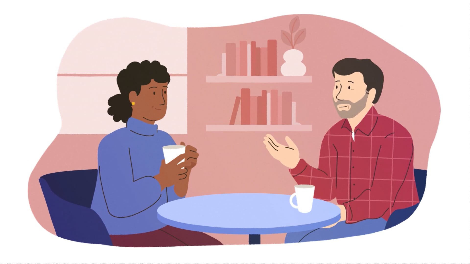 A man and woman having a warm conversation over coffee in a comfortable room, representing social support and connection.