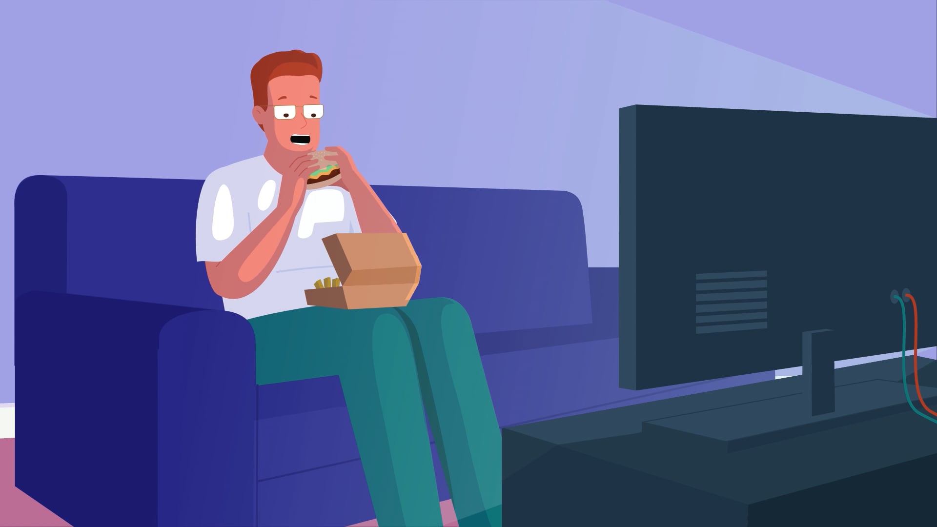 An illustration of a man sitting on the sofa watching tv and eating a fast food burger.