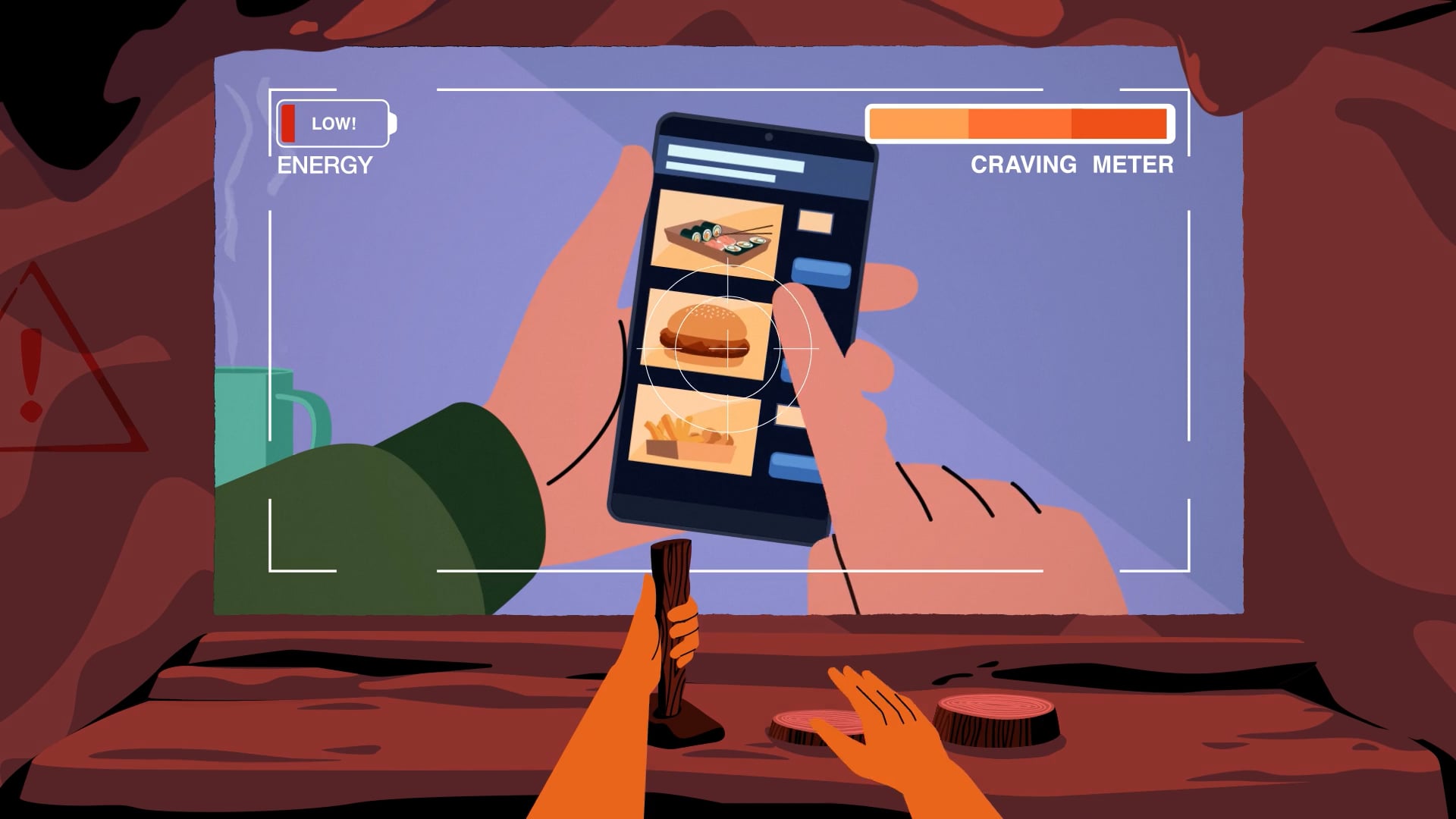 An Illustration of a control panel watching a user scroll through fast food restaurants and ordering food.