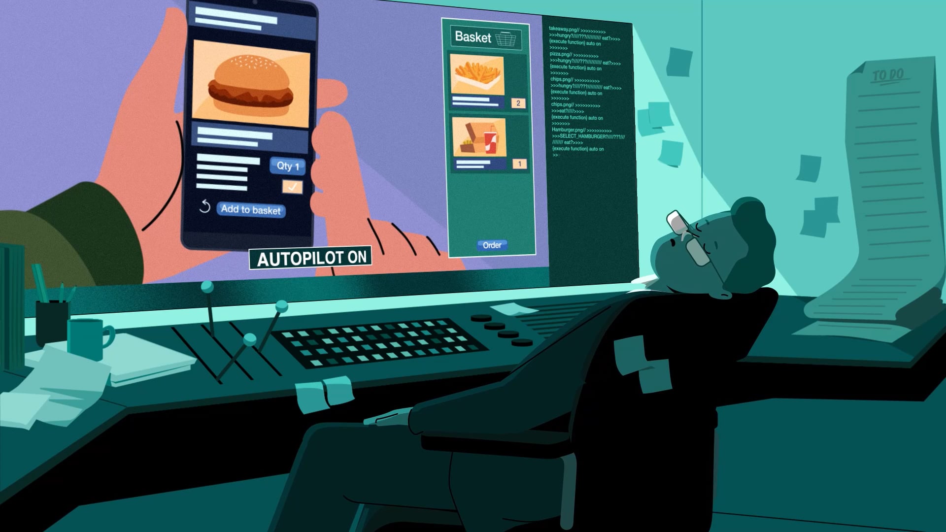 An Illustration of a control panel watching a user scroll through fast food restaurants and ordering food.