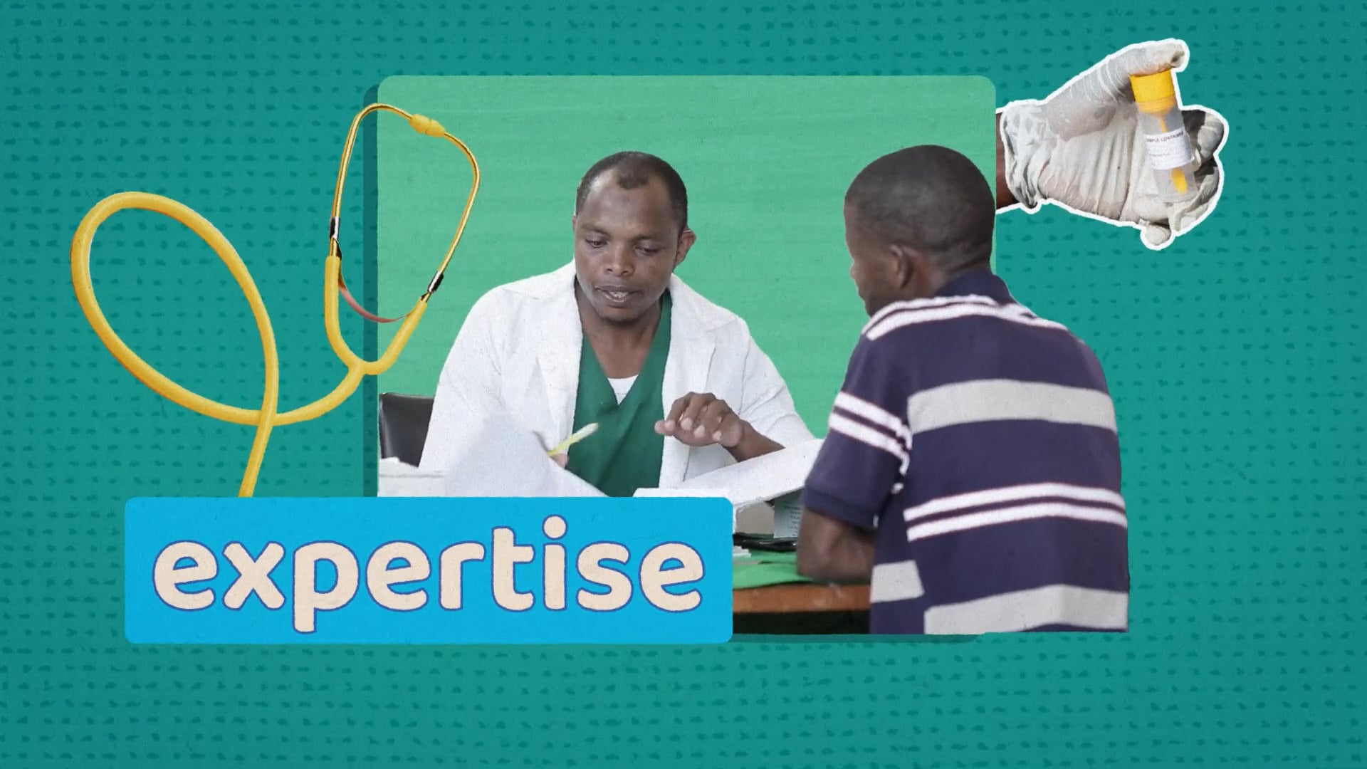 Collage of a doctor speaking with a patient, medical imagery including a stethoscope and sample vial, with the word "expertise" in bold text.