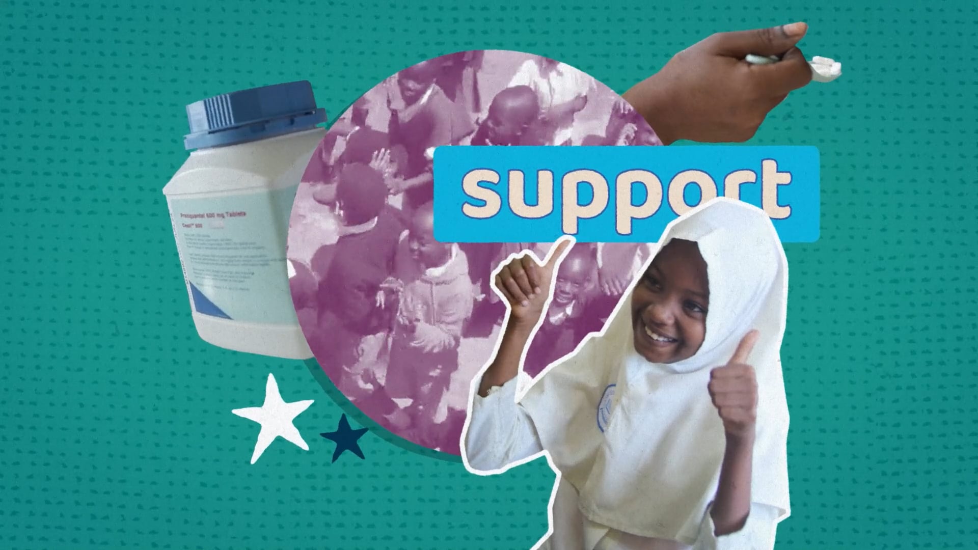 Collage of a photograph of a young girl with her thumbs up and a video of a group of children celebrating, with illustrations of medicine and treatment around them, with the word 