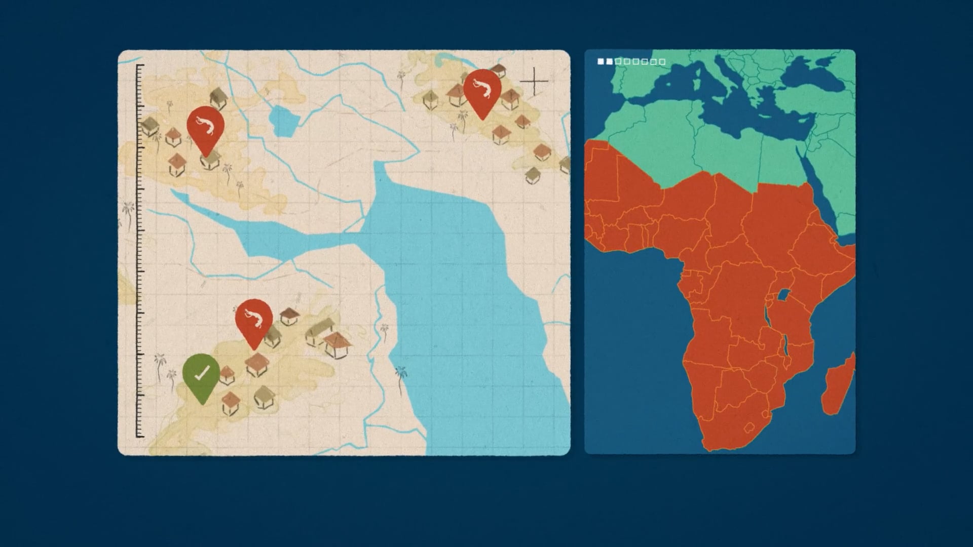 Illustrated map showing parasite risk zones in Africa, using red and green location pins and a highlighted sub-Saharan region. Worms can't run campaign.
