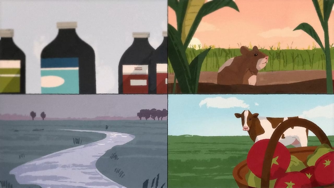 Illustration of a split screen divided into four showing different areas of the environment, this includes a river, land, animals, cows, apples, and pesticides.