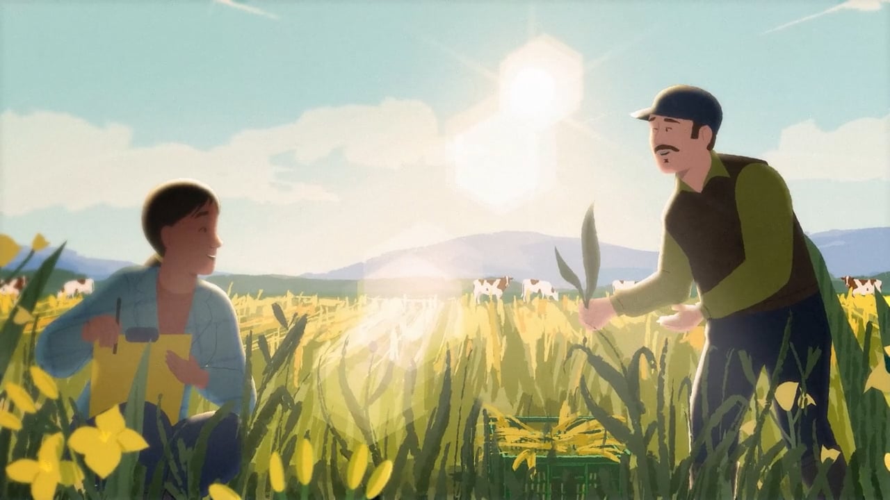 An Illustration of a man and a woman in crops in a field, The woman is on an ipad and the man is looking at crops, there is a farm with cows in the background.