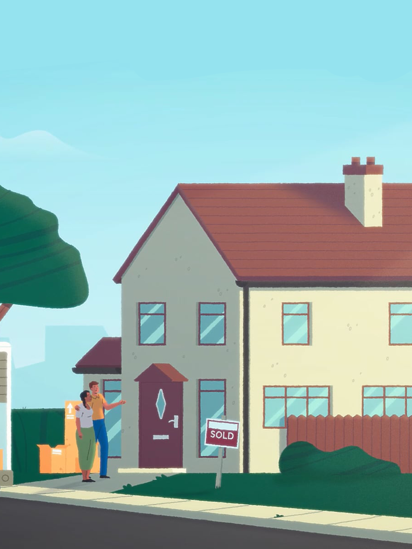 Illustrated couple outside new house with moving van and ‘sold’ sign, beginning their first home journey together.