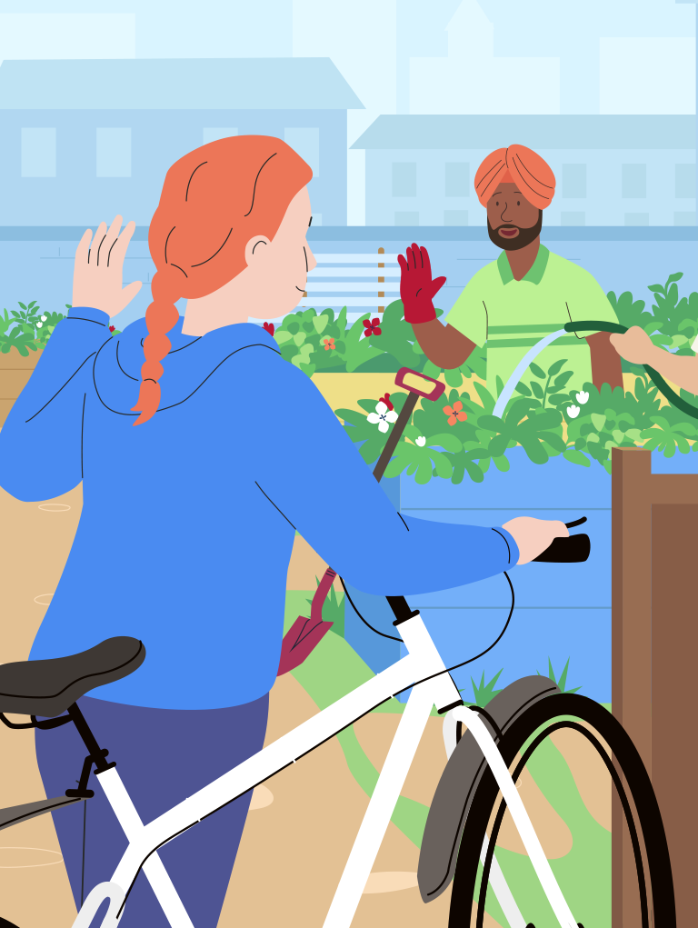 Woman walking a bike waves to a man gardening in a raised allotment bed in a green urban community space.