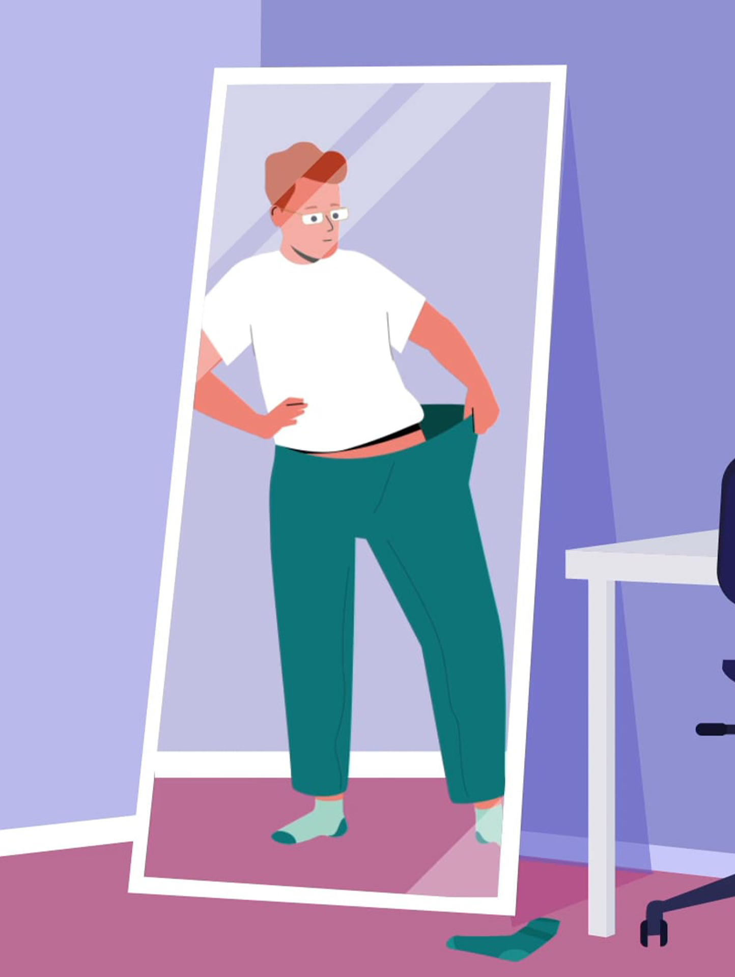 An illustration of a man looking in the mirror to see his trousers are too big for him as he has lost weight.